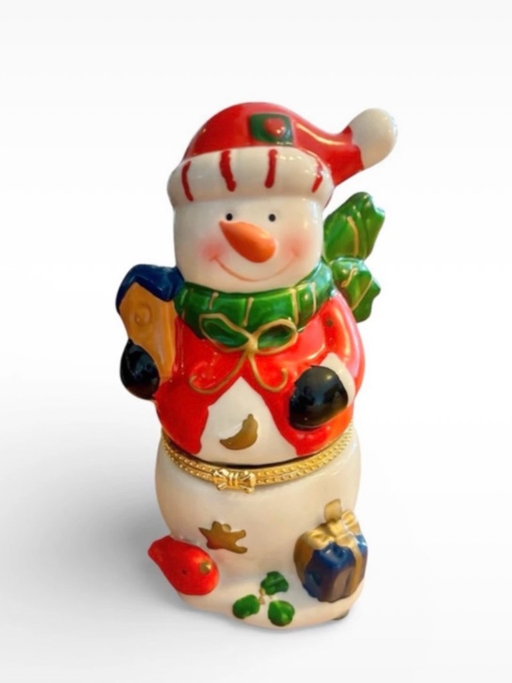 Festive Ceramic Snowman Trinket Box in Red and Green